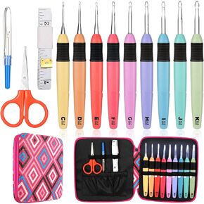 Chuangdi 13 Pcs Light up Crochet Hook Set with Case LED Crochet Hooks Complete Set Comfortable Smooth Craft Yarn Knitting Needles with Tape Measure, Scissors, Seam Ripper for Knitting, 2.5 mm-6.5 mm