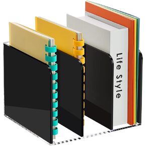 Acrylic Magazine File Holder, Black 3 Vertical Compartments Desktap Organizer Workspace Sorters, Bookend File Sorter Holder, Folder Rack, Office Accessories Organization Storage
