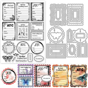 GLOBLELAND ATC Cards Clear Stamps and Vintage Label Lace Frame Cutting Dies Set for DIY Scrapbooking Cards Making Decorative Photo Album Notebook