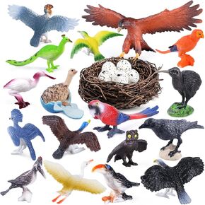 SIENON 23Pcs Bird Figurines Set, Assorted Bird Wildlife School Project with Nest, Raven, Kiwi Bird, Ostrich, Macaw, Golden Eagle Toy Figures for Kids Educational Birthday Cake Décor Garden Accessories