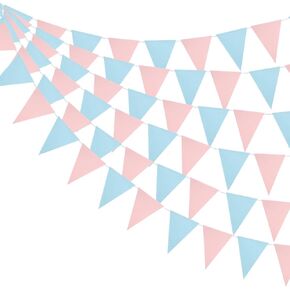 Mefuny 30 Feet Gender Reveal Pennant Banner 48PCS Light Blue and Pink Paper Triangle Flags Hanging Decor for Baby Shower Boy or Girl Gender Reveal Party Backdrop Birthday Party Nursery Decorations