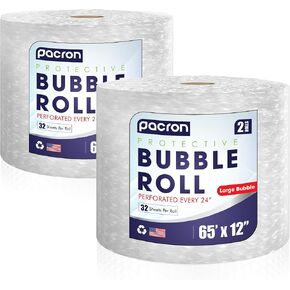 Protective Bubble Roll Wrap - 65FTx12IN Clear, 1/2" Dense Large Bubble Cushioning for Fragile Items, Dish Packing & Packaging Supplies Shipping & Storage - Perforated Every 12IN (2 Pack)