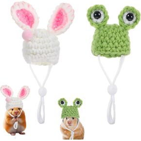 2pcs Hamster Clothes, Rat Hats for Chickens Small Animal Apparel Hand Knitted Photo Props for Hamsters Dutch Pigs Snakes- Frog & Bunny Style with Adjustable Strap