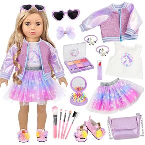 American 18 Inch Doll Makeup Accessories and Clothes Set Includes 18 Inch Doll Clothes and Shoes Bag Makeup Brush Set Foldable Haircomb Eyeshadow Lipstick Bow Hair Clip Sunglasses Hair Rope（No Doll）