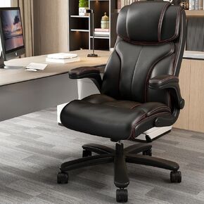 Leather Executive Office Chair, Tall Computer Desk Chair, High Back Desk Chair with Wheels and Flip Up Arms, Lumbar Support Computer Chair for Home, Black
