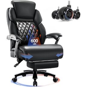 VITESSE 600lbs Big and Tall Office Chair with Foot Rest and Lifting Headrest,Large Heavy Duty Chair with Adjustable Lumber Support,Executive Office Chair,Leather Chair for Heavy People (Black)