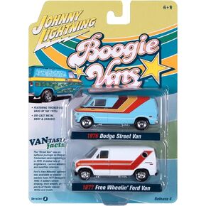 1976 Street Van Light Blue & 1977 Econoline 150 Free Wheelin' Van White Boogie Vans Set of 2 Cars 1/64 Diecast by Johnny Lightning JLPK015-JLSP219 A