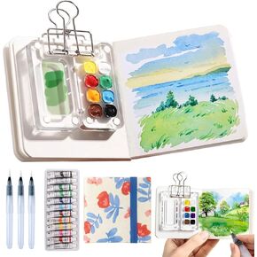 Mini Water Color Paint Travel Set, Watercolors Miniature Pocket Tiny Small Compact Palette Painting Travel Kit with Sketchbook & Acrylic 8 Grid Paint Box(Pine Green)