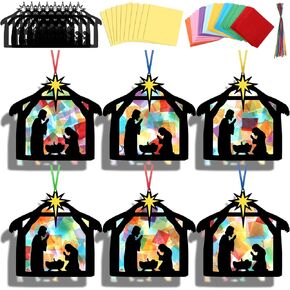 Eersida 32 Sets Christmas Nativity Suncatchers Craft Kit DIY Christianity Tissue Paper VBS Sunday School Craft Make a Nativity Tissue Paper Kit for Holy Night Christian Religious Lent Bible Window Art
