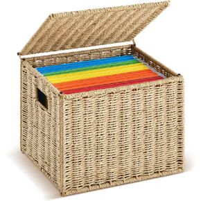 Paper Rope File Box Organizers Collapsible Letter Size Filing Cabinet with Lid Woven Hanging File Basket Portable Decorative Document File Storage Box for Office/Decor/Home (Letter Size)