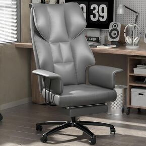 Big and Tall Office Desk Chair 400lbs, PU Leather Executive Office Chair with Foot Rest and Arms, Comfortable High Back Computer Gaming Chairs, Reclining Comfy Work Chair (White)