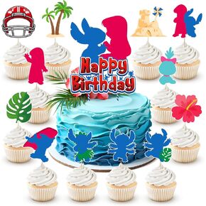 25 Pack Blue Cartoon Birthday Cake Toppers, Cute New Movie Theme Birthday Party Decorations include Cake Topper and Cupcake Toppers for Youth Birthday Hawaiian Tropical Baby Shower