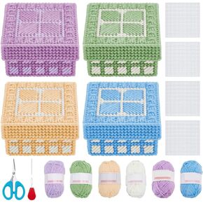 FREEBLOSS 4 Set Plastic Canvas Box Kit Plastic Canvas Kit for Beginners Mesh Canvas Sheets and 6 Colors Yarn for Embroidery Crafting Needle Point Knitting Projects