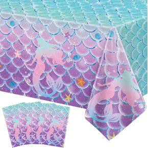 4 Pcs Mermaid Tablecloth Under The Sea Tablecloth Princess Table Cloth Rectangular Ocean Theme Table Covers Mermaid Birthday Decorations Kids Birthday Party Supplies Princess Party Decor 86 x 51 Inch