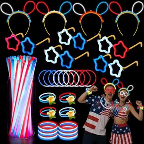 212pcs Glow Sticks Bulk Party Supplies for Kids and Adults, Glow in the Dark Eyeglasses Bracelets Headbands Red White Blue Glow Sticks for Wedding Birthday Halloween 4th of July Party