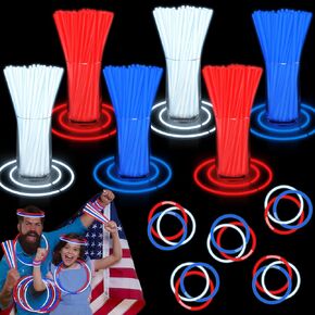 120 PCS 4th of July Glow Sticks Bulk with Connectors, Patriotic Red White Blue Glow in The Dark Stick, Light Up Bracelets Nacklaces for Kids Adults, Party Favor LED Accessories For Independence Day