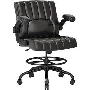 FLEXISPOT Drafting Chair, Black Desk Chair, Comfortable Office Chair with Adjustable Foot Ring Footrest/Flip-up Armrest/4.7in Thick Seat Cushion, Black Vanity Chair with Back, Leather Seat