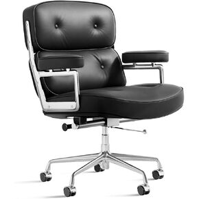 Genuine Leather Executive Chair Mid Back Office Desk Chair Aluminum Alloy Frame Thick Plush Cushion Lumbar Support Swivel Office Chair with Quiet Wheels Reclining Home Business Chairs - Black in Saudi Arabia