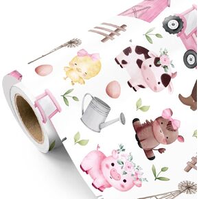 WRAPAHOLIC Farm Animal Wrapping Paper - Mini Roll - 17 Inch x 16.5 Feet - Pink Barnyard Cow Birthday Wrapping Paper Perfect for Kids Girls Boys Birthday, Baby Shower