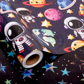 Altarho Reversible Outer Space Wrapping Paper Roll For Boys Girls - Mini Roll - 17In x 20Ft First Trip Around The Sun and Stars Gift Wrap Galaxy Art Paper for Baby Shower Birthday Party Packing Supplies
