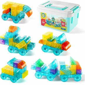 Play Brainy 52-Piece Magnetic Cubes Set - 3D Transparent Blocks with Assorted Shapes, Wheels, and Colors - STEM-Approved Learning Toys Building Blocks for Kids Ages 3 and Up - Comes with a Storage Box