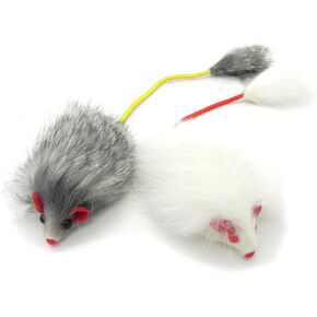 Kats'N Us Real Rabbit Fur Long Hair Mouse with Elastic Tail Cat Toy - 2pk