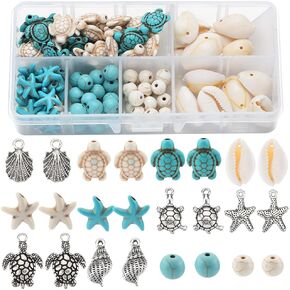 SUNNYCLUE 1 Box 210Pcs Starfish Bead Turtle Beads Lucky Turquoise Beads Bulk Summer Ocean Beads Sea Animal Charms Shell Beads Seashell Charms for Jewelry Making Beading Kits Women DIY Craft Supplies
