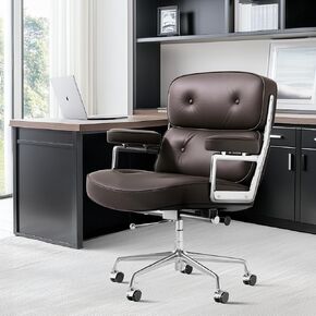 Genuine Leather Executive Chair Mid Back Office Desk Chair Aluminum Alloy Frame Thick Plush Cushion Lumbar Support Swivel Office Chair with Quiet Wheels Reclining Home Business Chairs - Black