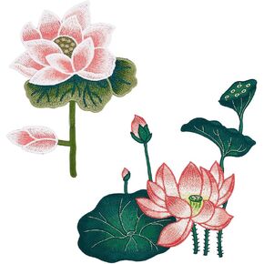 2Pcs 2 Style Lotus Flower Fabric Patche Handcrafted Embroidery Pieces Lotus Pod Pattern Cloth Sew on Appliques for Clothes Backpacks T-Shirt Jeans Skirt Decoration