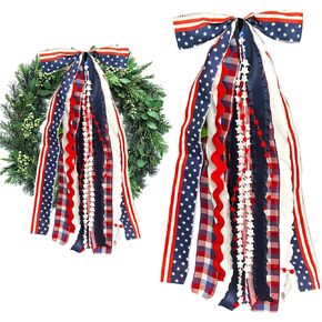 Large Patriotic Star Ribbon Bow for Wreath, Red White Buffalo Plaid Fabric Ribbons Set Assorted Lace Ribbon 4th of July Clip-On Wreath Sash Ribbons Bundle for Patriotic Indoor Outdoor Decor