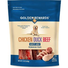 Golden|Rewards Chicken, Duck, and Beef Variety Jerky Treats for Dogs, 12 oz Bag, Made with Real Chicken, Duck, and Beef, Grain-Free, Premium High-Protein Dog Snacks, Perfect for Dogs