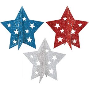 Amscan Patriotic Pride Glitter Paper Mini 3D Centerpieces - 5" (3 Pc) - Perfect for Celebrating American Holidays & Events