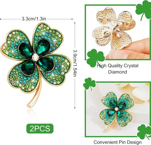 2 Pcs Rhinestone Green Clover Brooch Pin for Women Vintage Flower Brooch Pin Lucky Decor St. Patrick's Day Lapel Pins Jewelry Gift in Kuwait