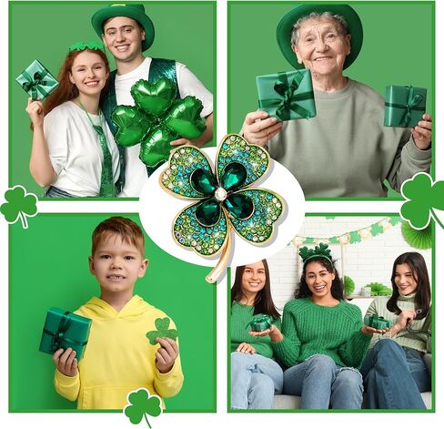 2 Pcs Rhinestone Green Clover Brooch Pin for Women Vintage Flower Brooch Pin Lucky Decor St. Patrick's Day Lapel Pins Jewelry Gift in Kuwait