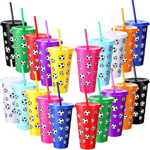 20 Pcs Soccer Plastic Tumbler with Lid and Straw Christmas Cup Gift 24 oz Cups Reusable Sports Ball Plastic Cups for Soccer Lovers Men Women Birthday Party Favors Supplies in Saudi Arabia