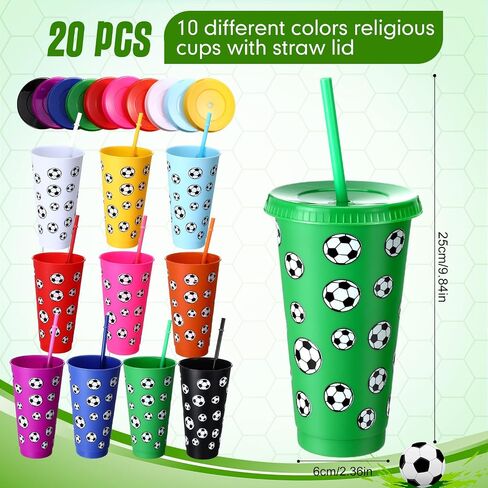 20 Pcs Soccer Plastic Tumbler with Lid and Straw Christmas Cup Gift 24 oz Cups Reusable Sports Ball Plastic Cups for Soccer Lovers Men Women Birthday Party Favors Supplies in Saudi Arabia