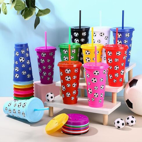 20 Pcs Soccer Plastic Tumbler with Lid and Straw Christmas Cup Gift 24 oz Cups Reusable Sports Ball Plastic Cups for Soccer Lovers Men Women Birthday Party Favors Supplies in Saudi Arabia