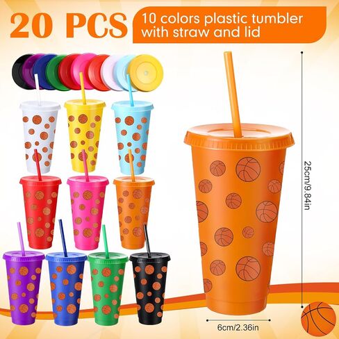 20 Pcs Soccer Plastic Tumbler with Lid and Straw Christmas Cup Gift 24 oz Cups Reusable Sports Ball Plastic Cups for Soccer Lovers Men Women Birthday Party Favors Supplies in Saudi Arabia