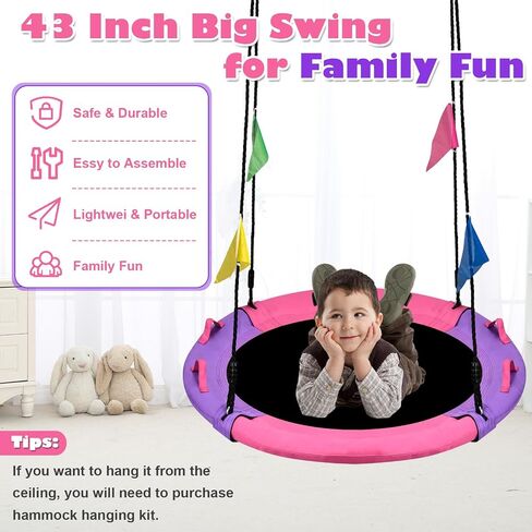 Tree Swing, 43 Inch Saucer Swing Sets for Kids, Come with 360 Degree Swivel and Adjustable Hanging Strap, Pink and Purple in Saudi Arabia