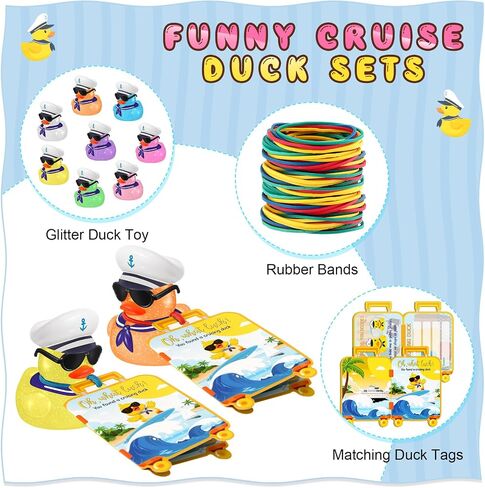 72 Pcs Duck Tag Cruise Kit Includes 24 Mini Cruise Glitter Rubber Ducks with Sunglasses Bulk 24 Duck Tags 24 Elastic Rubber Bands for Cruising Luggage Game Rewards (Rudder Style) in Saudi Arabia