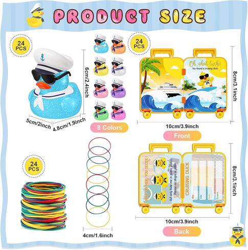 72 Pcs Duck Tag Cruise Kit Includes 24 Mini Cruise Glitter Rubber Ducks with Sunglasses Bulk 24 Duck Tags 24 Elastic Rubber Bands for Cruising Luggage Game Rewards (Rudder Style) in Saudi Arabia