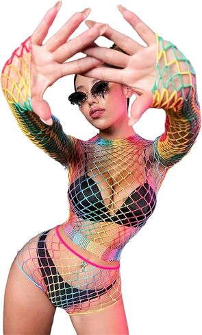SEXYTINE Women's Fishnet Lingerie Set Sparkle Rhinestone Mesh Tights Women's Mesh Lingerie Fishnet One Size Womens Fishnet Bodystocking Mesh Lingerie Two Piece Top and Hip Wrap Skirt (Colorful） in Kuwait