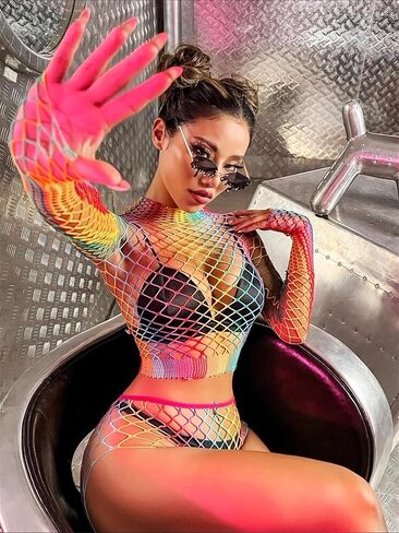 SEXYTINE Women's Fishnet Lingerie Set Sparkle Rhinestone Mesh Tights Women's Mesh Lingerie Fishnet One Size Womens Fishnet Bodystocking Mesh Lingerie Two Piece Top and Hip Wrap Skirt (Colorful） in Kuwait