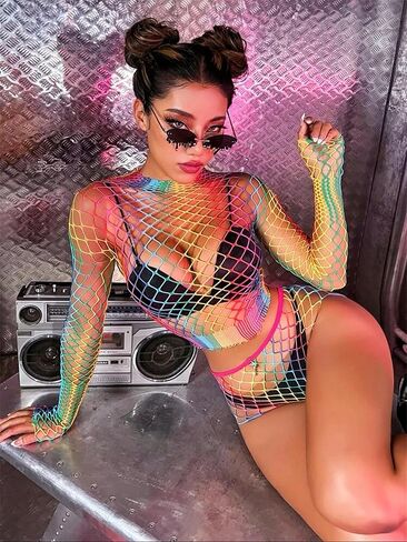 SEXYTINE Women's Fishnet Lingerie Set Sparkle Rhinestone Mesh Tights Women's Mesh Lingerie Fishnet One Size Womens Fishnet Bodystocking Mesh Lingerie Two Piece Top and Hip Wrap Skirt (Colorful） in Kuwait