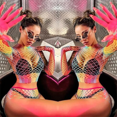 SEXYTINE Women's Fishnet Lingerie Set Sparkle Rhinestone Mesh Tights Women's Mesh Lingerie Fishnet One Size Womens Fishnet Bodystocking Mesh Lingerie Two Piece Top and Hip Wrap Skirt (Colorful） in Kuwait