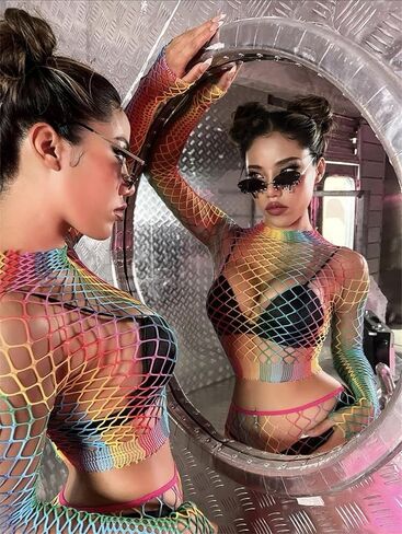 SEXYTINE Women's Fishnet Lingerie Set Sparkle Rhinestone Mesh Tights Women's Mesh Lingerie Fishnet One Size Womens Fishnet Bodystocking Mesh Lingerie Two Piece Top and Hip Wrap Skirt (Colorful） in Kuwait