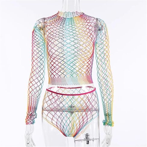 SEXYTINE Women's Fishnet Lingerie Set Sparkle Rhinestone Mesh Tights Women's Mesh Lingerie Fishnet One Size Womens Fishnet Bodystocking Mesh Lingerie Two Piece Top and Hip Wrap Skirt (Colorful） in Kuwait