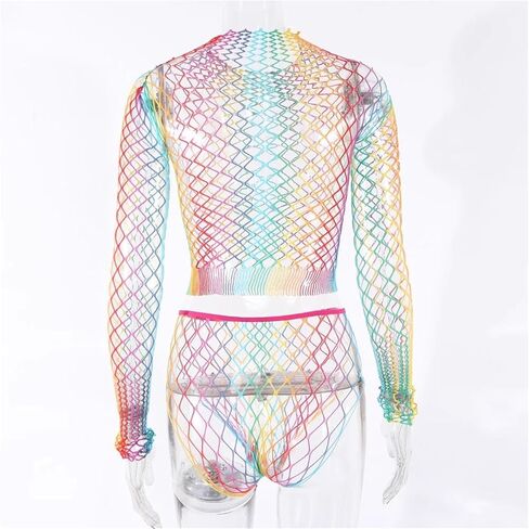 SEXYTINE Women's Fishnet Lingerie Set Sparkle Rhinestone Mesh Tights Women's Mesh Lingerie Fishnet One Size Womens Fishnet Bodystocking Mesh Lingerie Two Piece Top and Hip Wrap Skirt (Colorful） in Kuwait