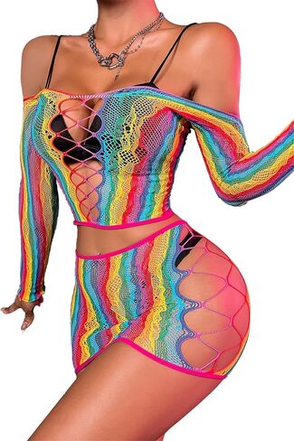 مجموعة الملابس الداخلية النسائية من SEXYTINE شبكة صيد السمك متلألئة من حجر الراين شبكة لباس داخلي نسائي شبكي من شبكة صيد السمك مقاس واحد للنساء شبكة صيد السمك ملابس داخلية شبكية مكونة من قطعتين علوية وتنورة ملفوفة على الورك (ملونة) in Kuwait