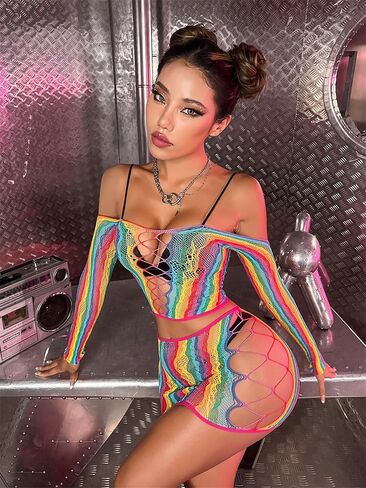 مجموعة الملابس الداخلية النسائية من SEXYTINE شبكة صيد السمك متلألئة من حجر الراين شبكة لباس داخلي نسائي شبكي من شبكة صيد السمك مقاس واحد للنساء شبكة صيد السمك ملابس داخلية شبكية مكونة من قطعتين علوية وتنورة ملفوفة على الورك (ملونة) in Kuwait